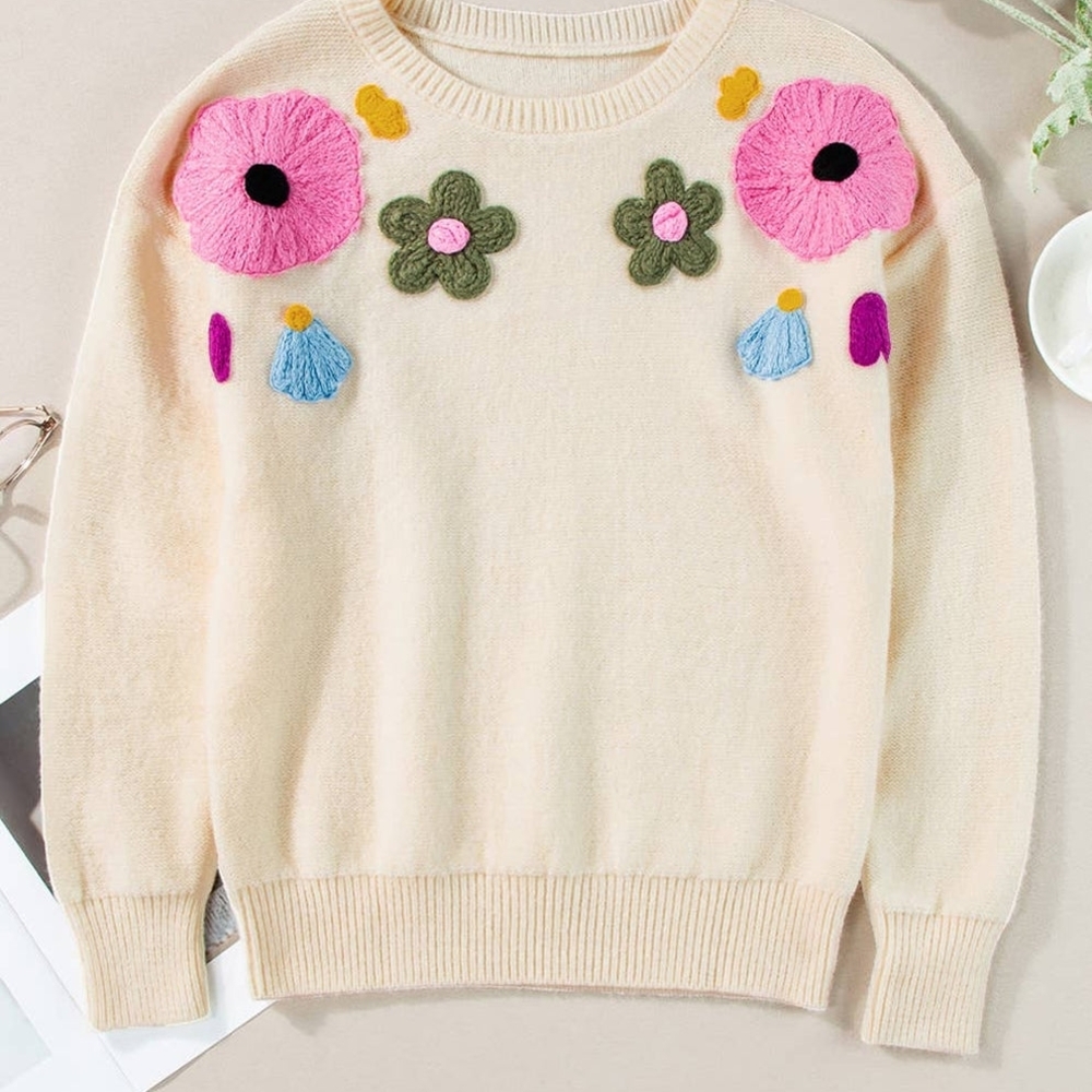 Chic Floral Embroidered Cream Sweater
